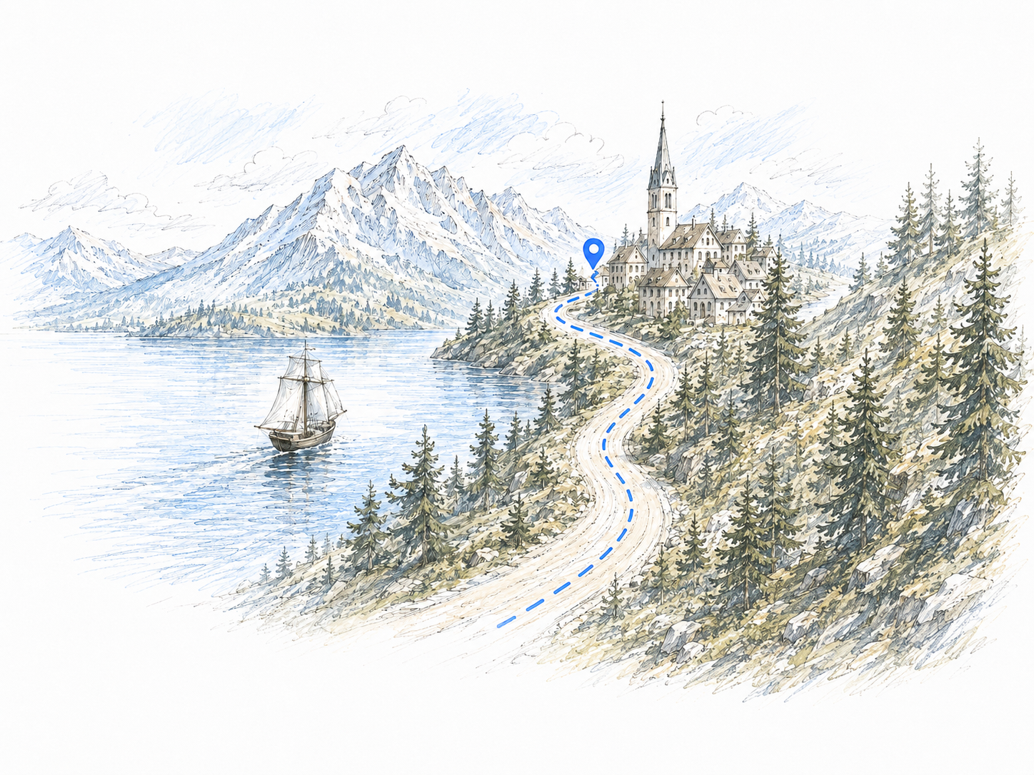 Handgezeichnete Landschaft mit Alpensee, Dorf und Route